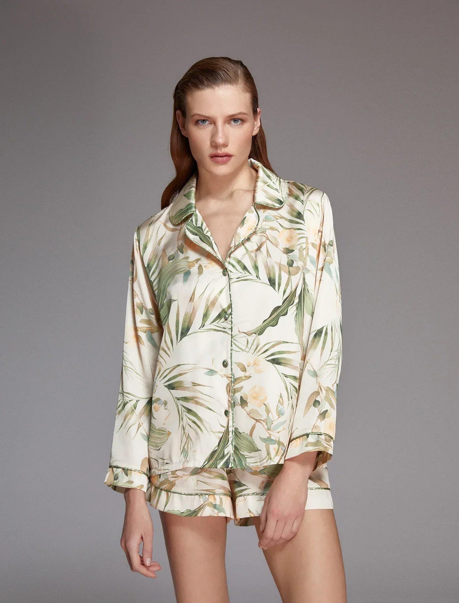 Beige Green Leaf Patterned Long Sleeve Satin Short Set 1123